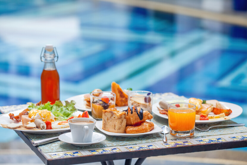 Close Up Of Breakfast At European Style Hotel By The Swimming Po